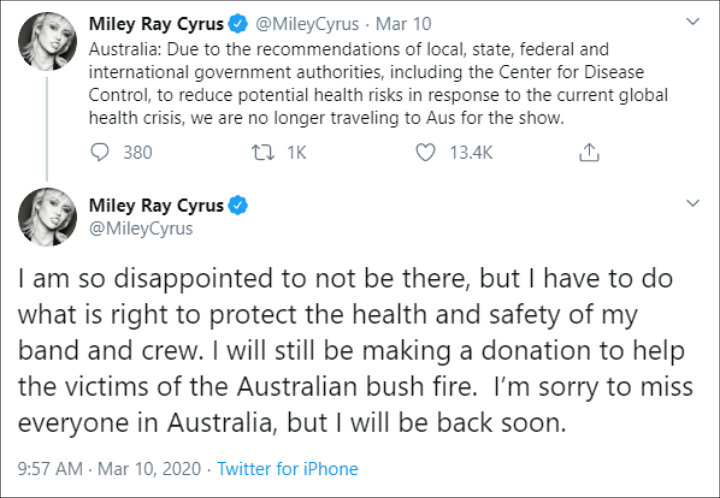 Miley Cyrus' Bushfire Relief Concert is canceled