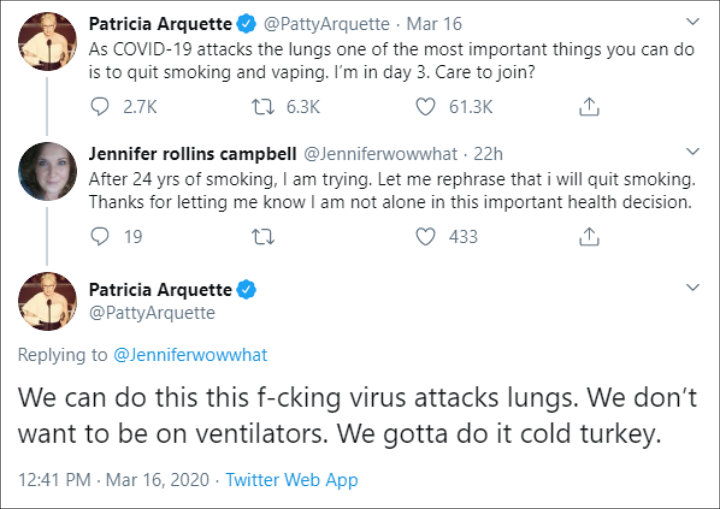Patricia Arquette Quits Smoking and Vaping to Reduce Risk of Contracting Coronavirus