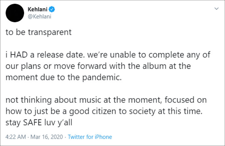 Kehlani Delays New Album Release Due to Coronavirus