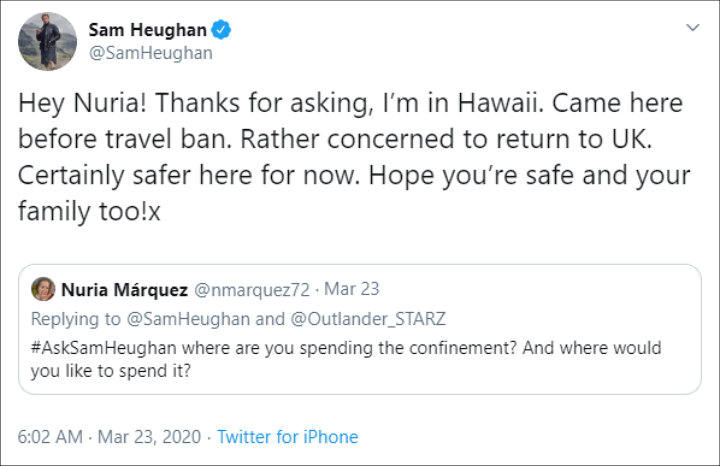 Sam Heughan is in Hawaii amid Coronavirus