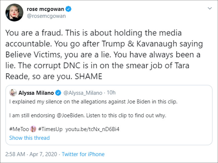 Rose McGowan Calls Alyssa Milano 'Fraud' for Supporting Joe Biden