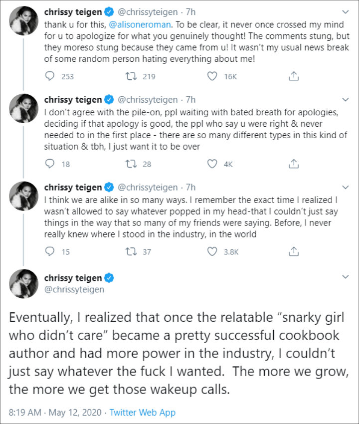 Chrissy Teigen Accepts Alison Roman's Apology
