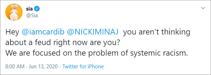 Sia's Tweet to Cardi B and Nicki Minaj