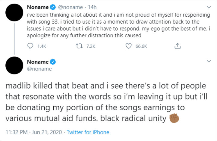 Noname's Twitter post