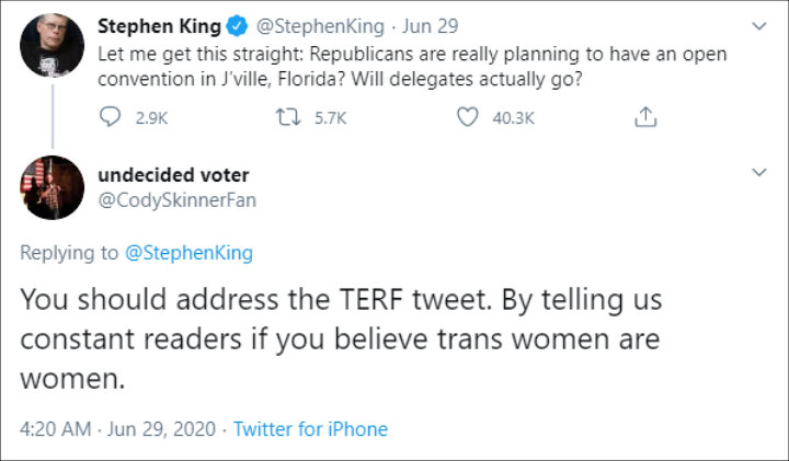 Stephen King is asked to address the TERF tweet