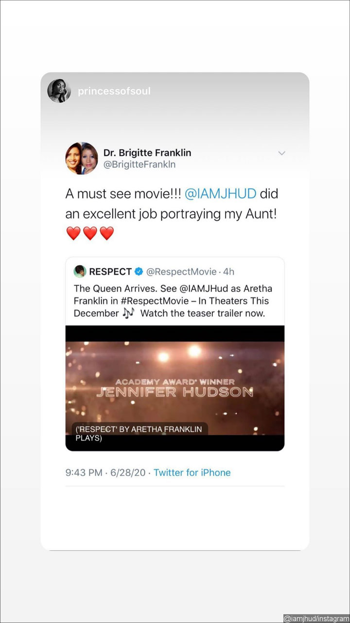 Jennifer Hudson Reposts Aretha Franklin's Niece's Tweet