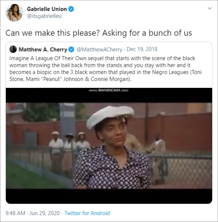 Gabrielle Union reacts to an idea of black female-centered 'A League of Their Own' sequel