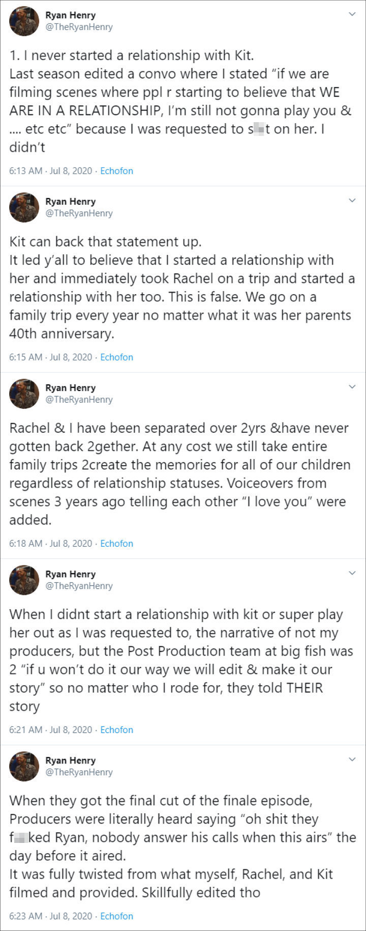 Ryan Henry set the record straight about his alleged love triangle