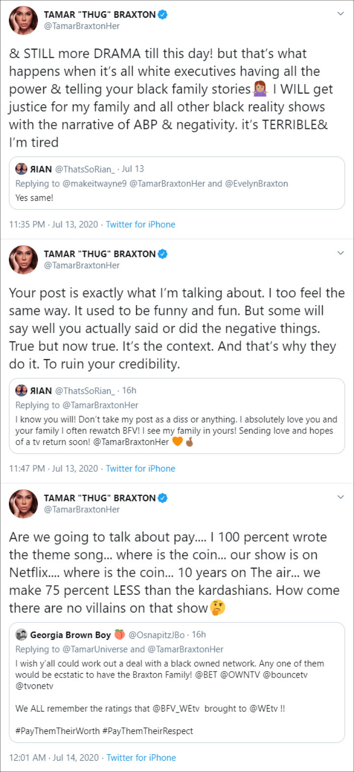 Tamar Brexton discussed 'Braxton Family Values' on Twitter