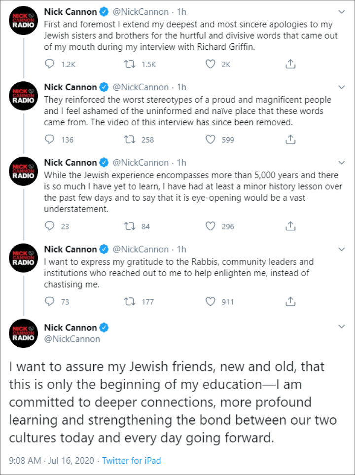 Nick Cannon formally apologized for his controversial comments