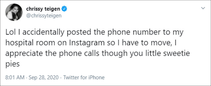 Chrissy Teigen's Tweet About Leaking Hospital Room Phone Number