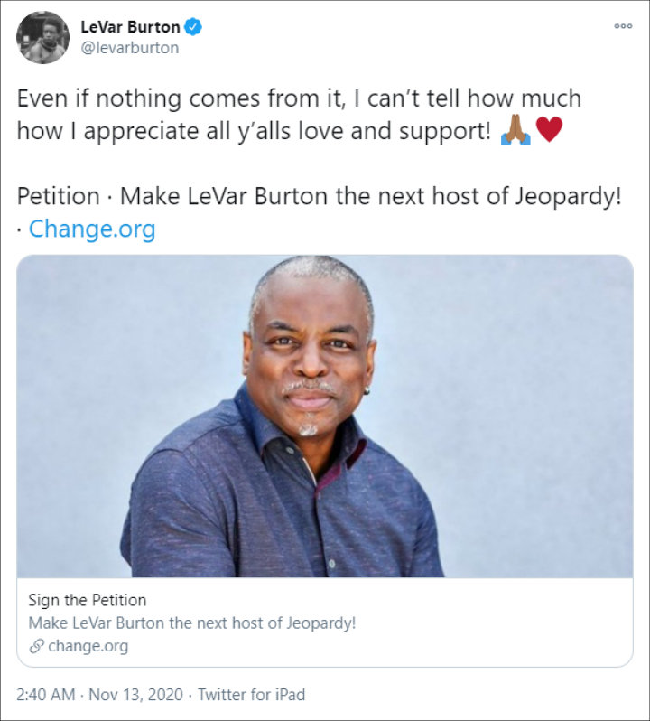 LeVar Burton reacted to fans' petition