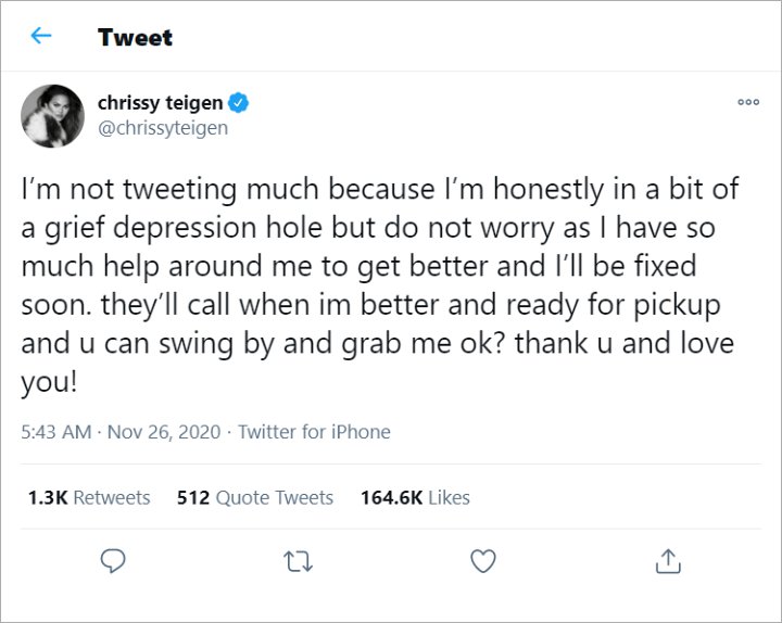 Chrissy Teigen said she's still in a 'gried depression hole