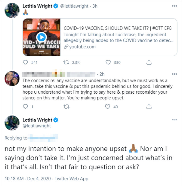 Letitia Wright's Reply to a Critic