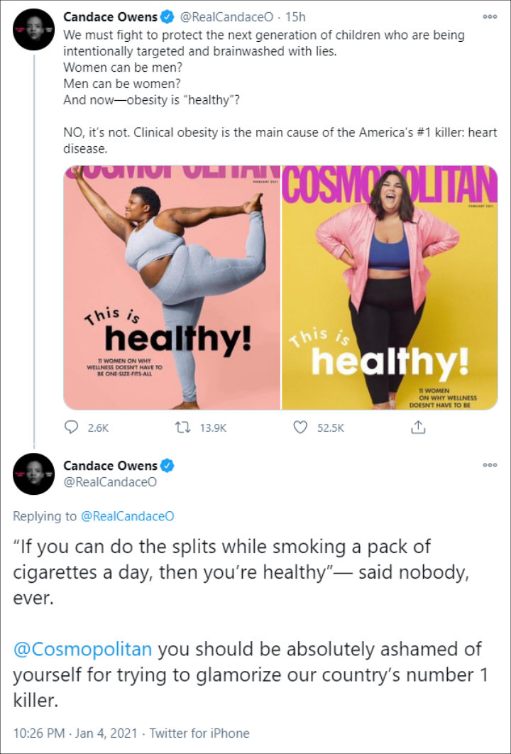 Candace Owens slammed Cosmopolitan for glamorizing obesity