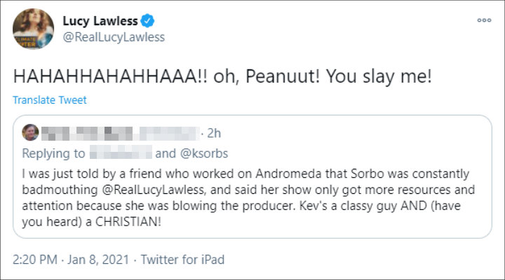 Lucy Lawless' Reply to a Fan's Tweet