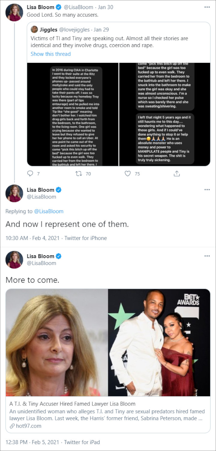 Lisa Bloom claims she's representing one of T.I. and Tiny's accusers