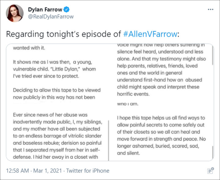 Dylan Farrow spoke out prior to Allen v. Farrow episode