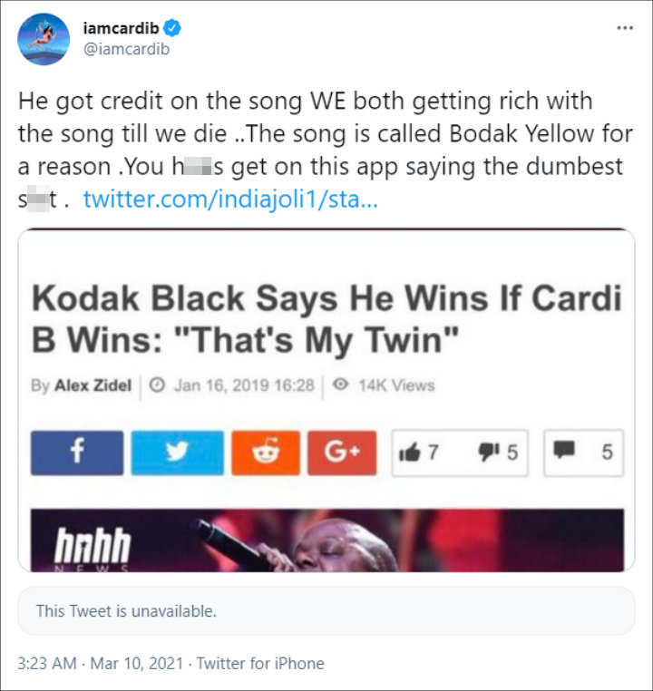 Cardi B reacted to trolls accusing her not giving Kodak Black credit for Bodak Yellow