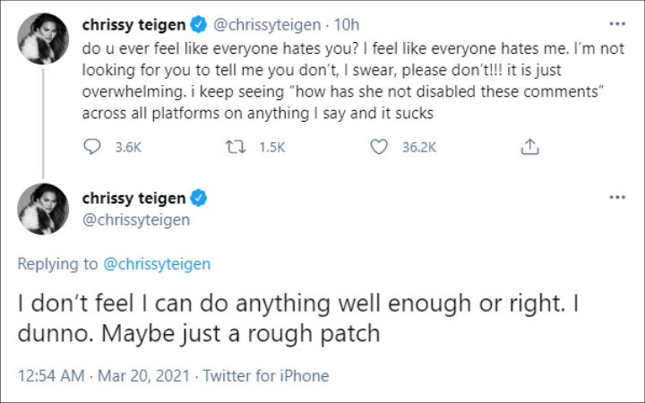 Chrissy Teigen reflected on hate comments