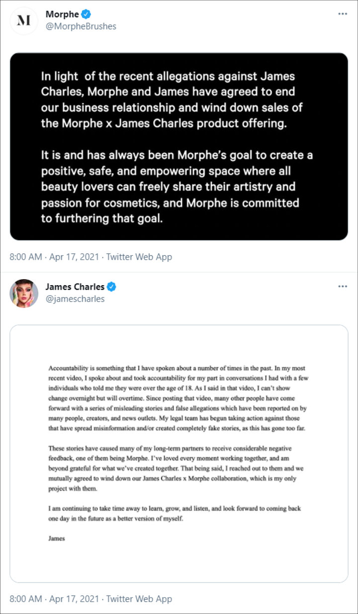 Morphe and James Charles' Tweets