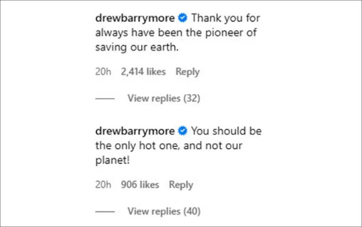 Drew Barrymore's comment via IG