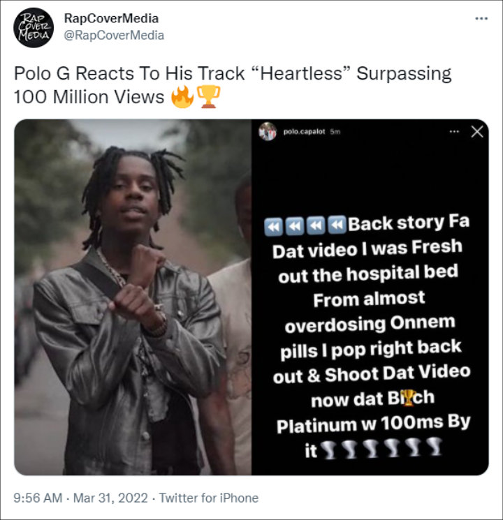 Polo G shared he almost overdosed before filming 'Heartless video