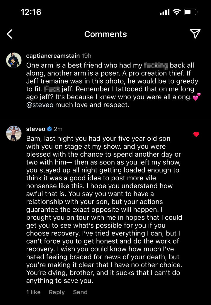Steve-O's Comment on Bam Margera's Post