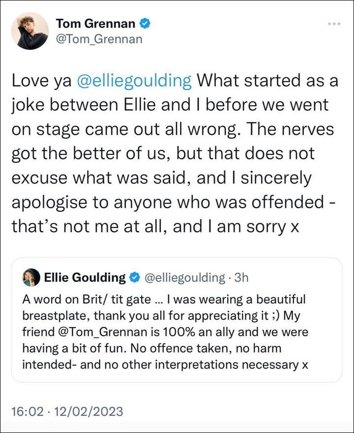 Ellie Goulding defends Tom Grennan