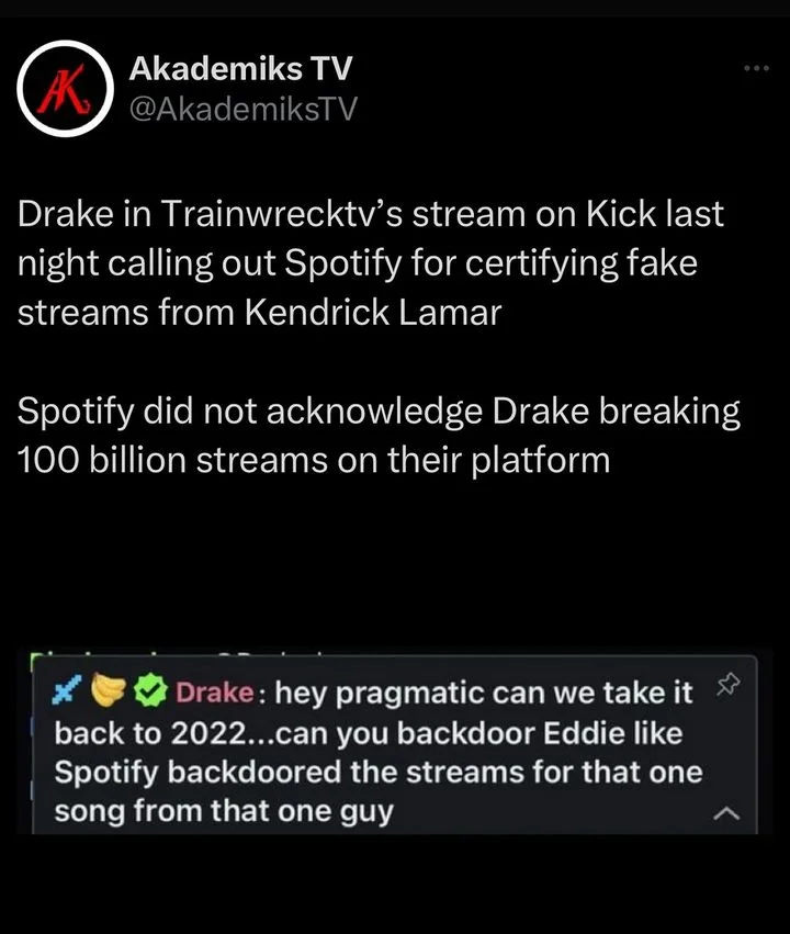 Drake accuses Kendrick Lamar of using fake streams