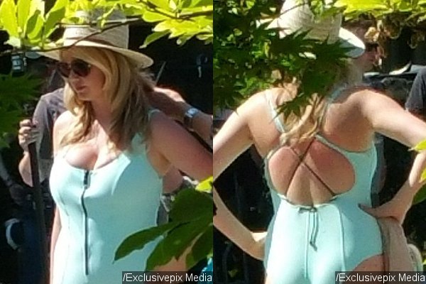 Kate Upton Spotted in Cleavage-Baring Swimsuit on the Set of 'The Layover'