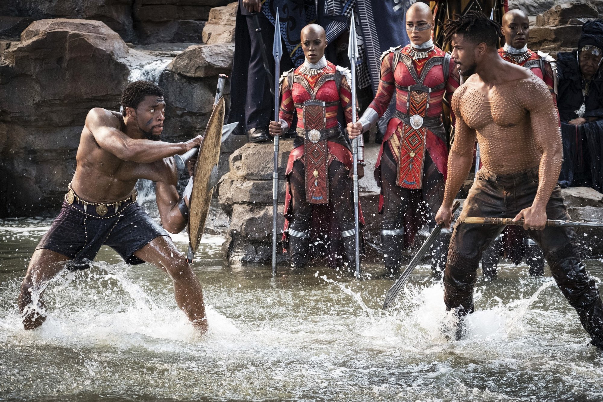 Chadwick Boseman stars as T'Challa/Black Panther and Michael B. Jordan stars as Erik Killmonger in Walt Disney Pictures' Black Panther (2018)
