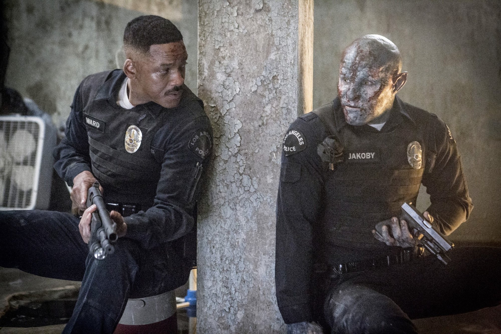 Will Smith stars as Daryl Ward and Joel Edgerton stars as Nick Jakoby in Netflix's Bright (2017)