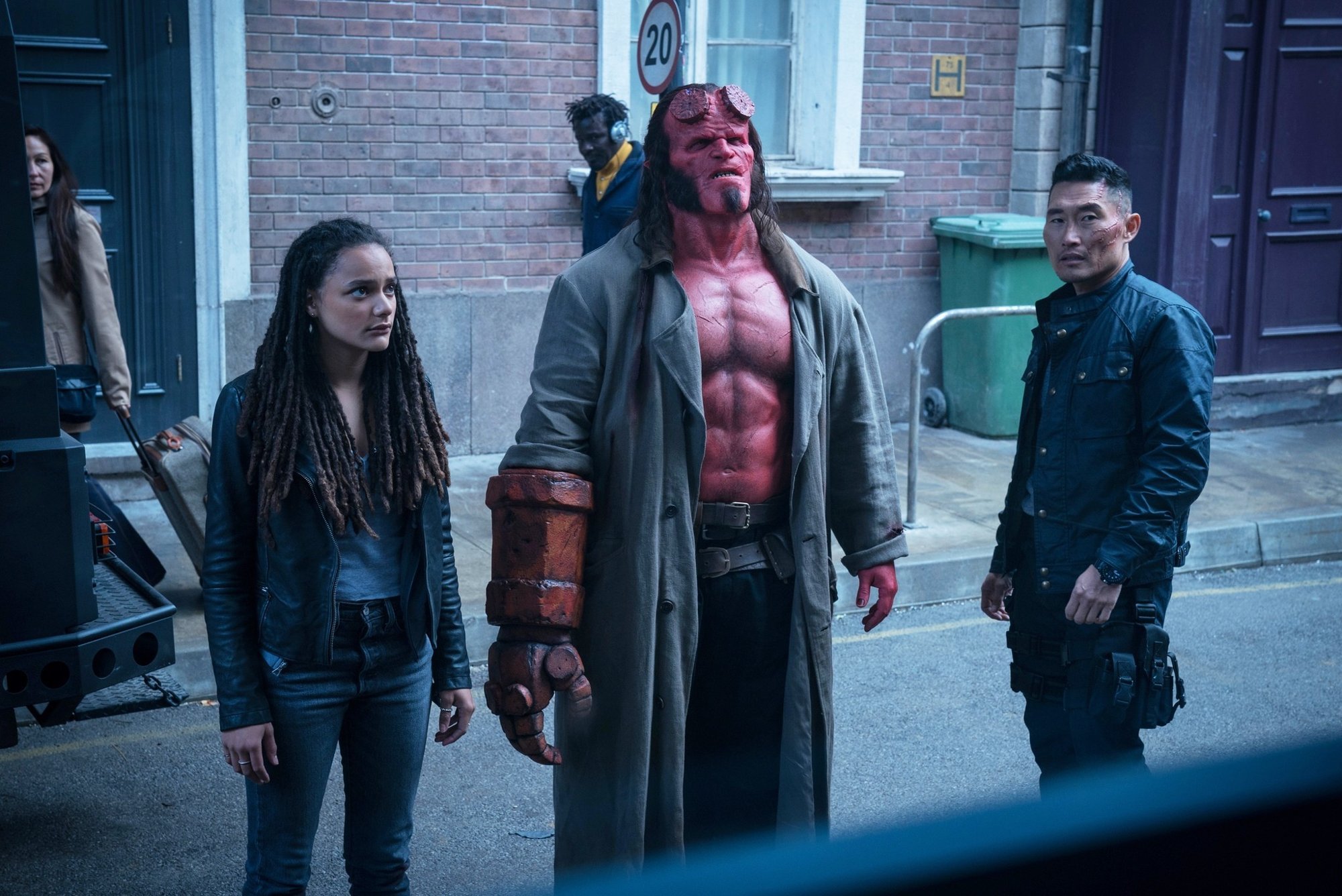 Sasha Lane, David Harbour and Daniel Dae Kim in Lionsgate Films' Hellboy (2019)