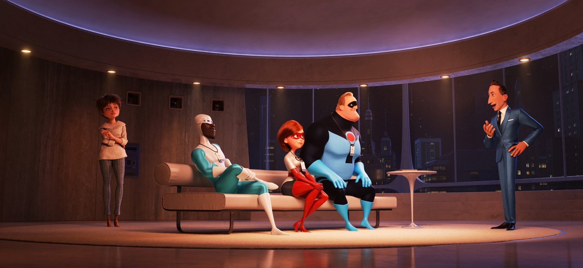 Evelyn Deavor, Frozone, Elastigirl, Mr. Incredible and Winston Deavor from Walt Disney Pictures' Incredibles 2 (2018)