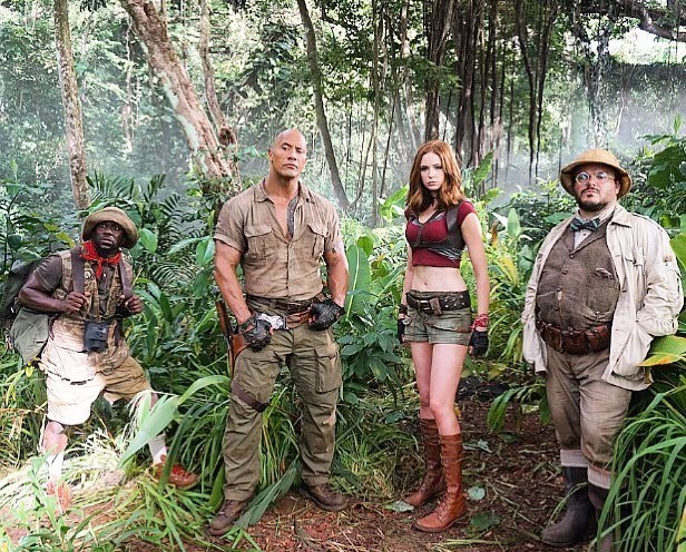 Kevin Hart, The Rock, Karen Gillan and Jack Black in Columbia Pictures' Jumanji: Welcome to the Jungle (2017)