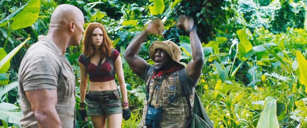 The Rock, Karen Gillan and Kevin Hart in Columbia Pictures' Jumanji: Welcome to the Jungle (2017)