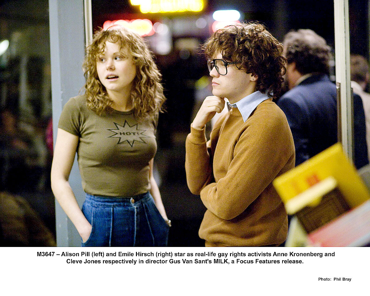 Alison Pill stars as Anne Kronenberg and Emile Hirsch stars as Cleve Jones in Focus Features' Milk (2008). Photo credit by Phil Bray.
