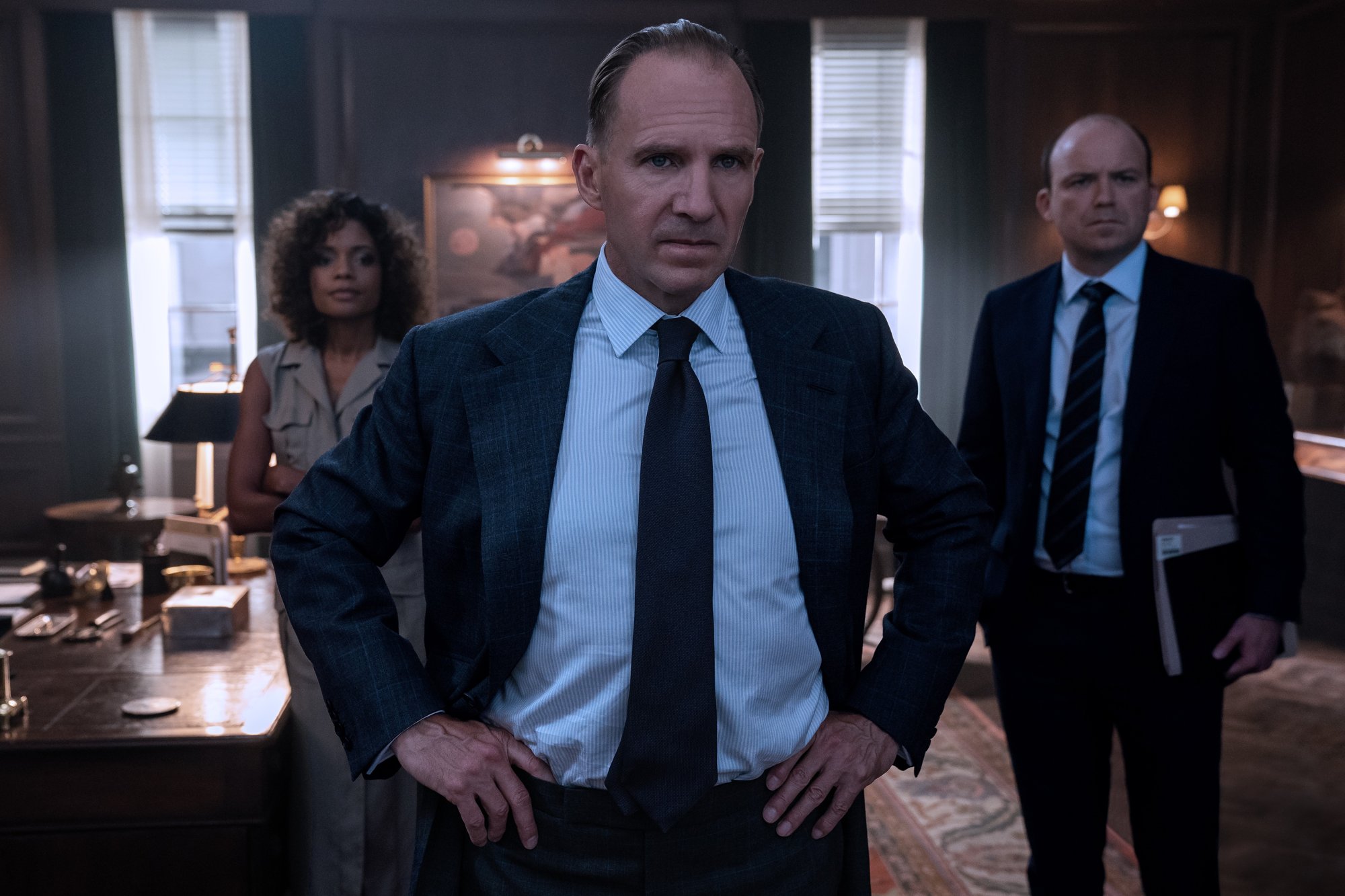 Naomie Harris, Ralph Fiennes and Rory Kinnear in Universal Pictures' No Time to Die (2020)