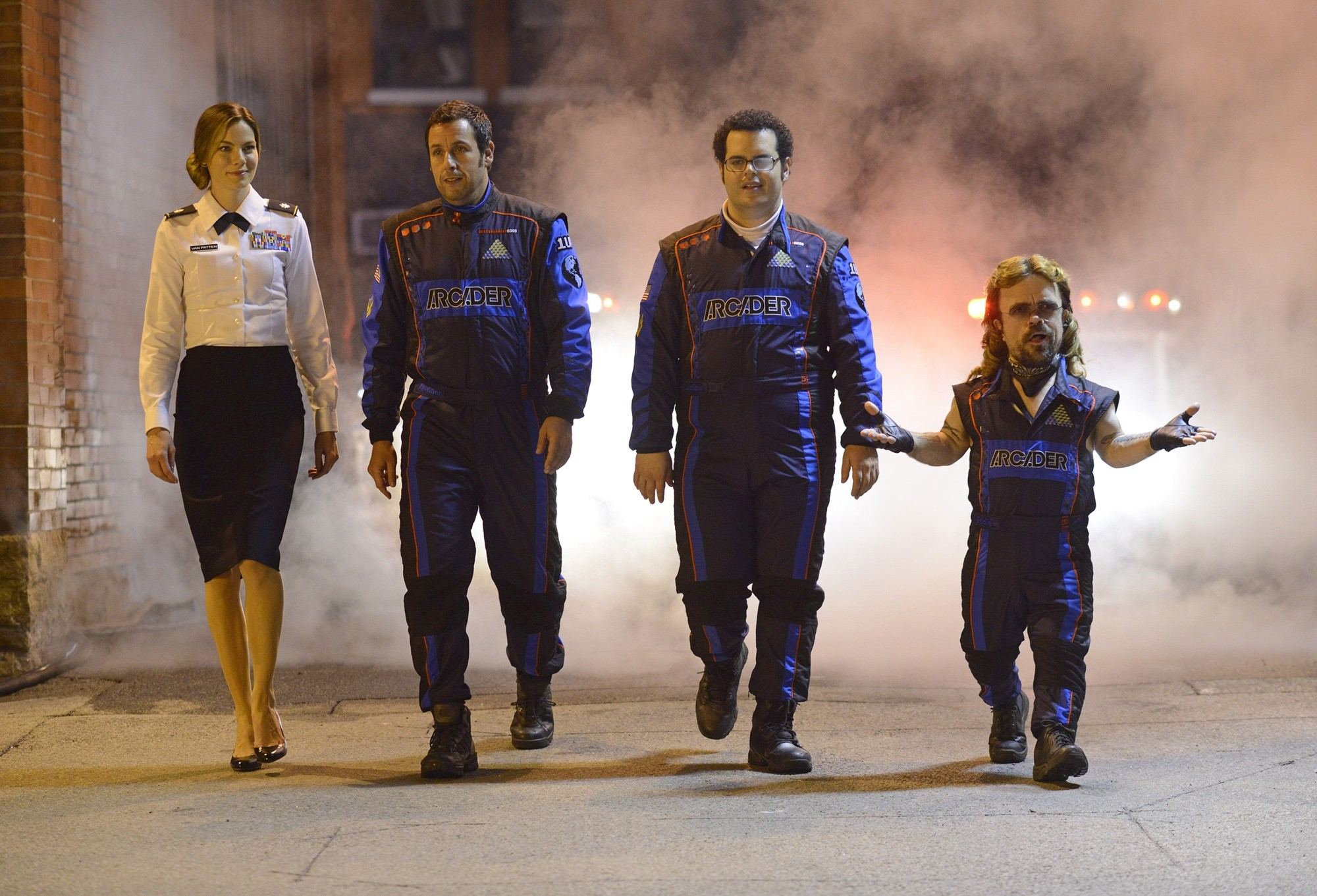 Michelle Monaghan, Adam Sandler, Josh Gad and Peter Dinklage in Columbia Pictures' Pixels (2015)