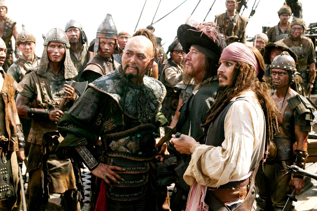 Chow Yun-Fat as Capt.Sao Feng, Geoffrey Rush as Barbossa and Johnny Depp as Jack Sparrow in Walt Disney Pic's POTC: At Worlds End (2007)