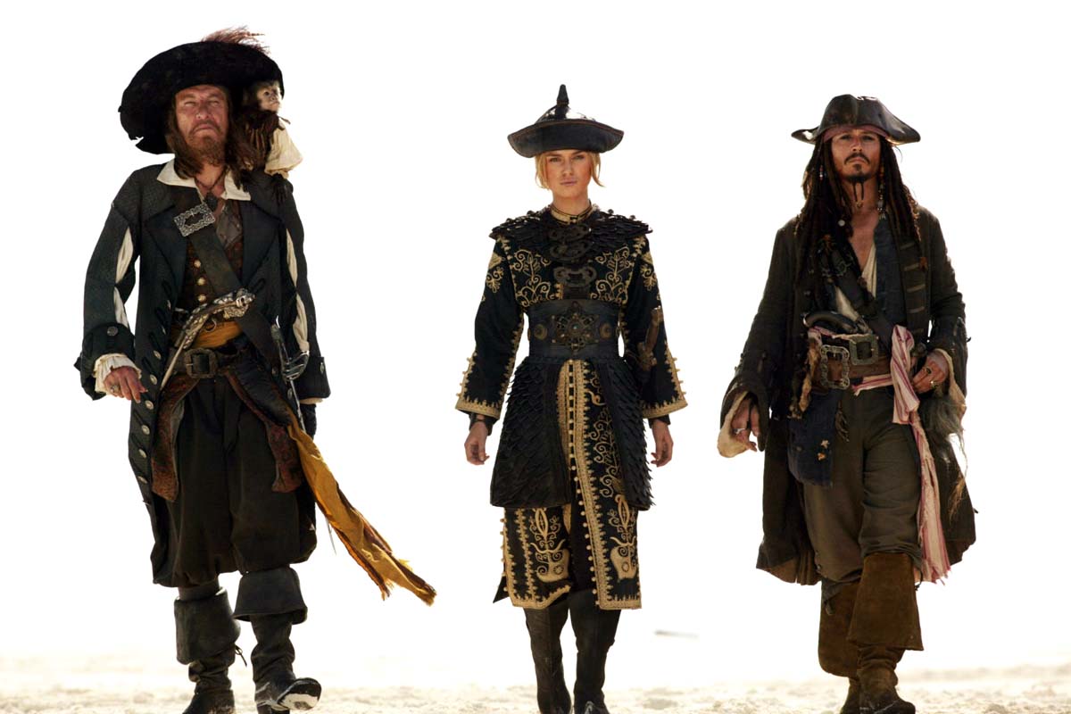 Geoffrey Rush as Barbossa, Keira Knightley as Elizabeth Swann and Johnny Depp as Jack Sparrow in Walt Disney Pic's POTC: At Worlds End (2007)