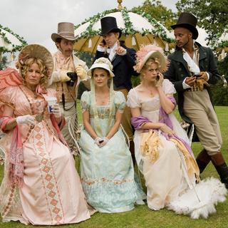 James Callis, JJ Feild, Ricky Whittle, Jennifer Coolidge, Keri Russell and Georgia King in Sony Pictures Classics' Austenland (2013)