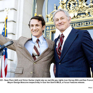 Sean Penn stars as Harvey Milk and Victor Garber stars as Mayor George Moscone in Focus Features' Milk (2008). Photo credit by Phil Bray.