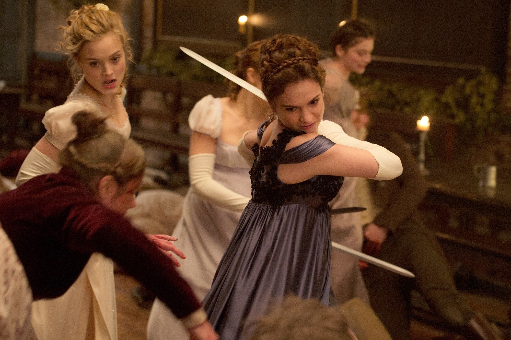 Bella Heathcote and Lily James in Screen Gems' Pride and Prejudice and Zombies (2016)