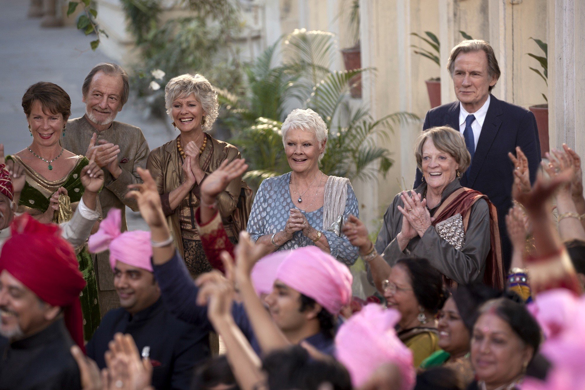 Celia Imrie, Ronald Pickup, Diana Hardcastle, Judi Dench, Maggie Smith and Bill Nighy in Fox Searchlight Pictures' The Second Best Exotic Marigold Hotel (2015). Photo credit by Laurie Sparham.