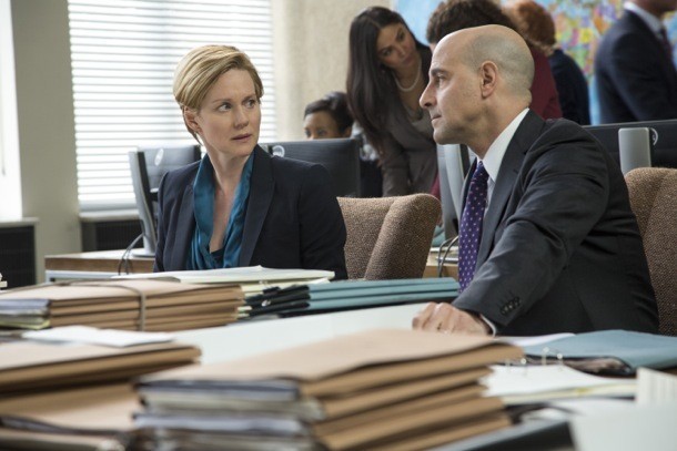 Laura Linney stars as Sarah Shaw and Stanley Tucci stars as James Boswell in Walt Disney Pictures' The Fifth Estate (2013)