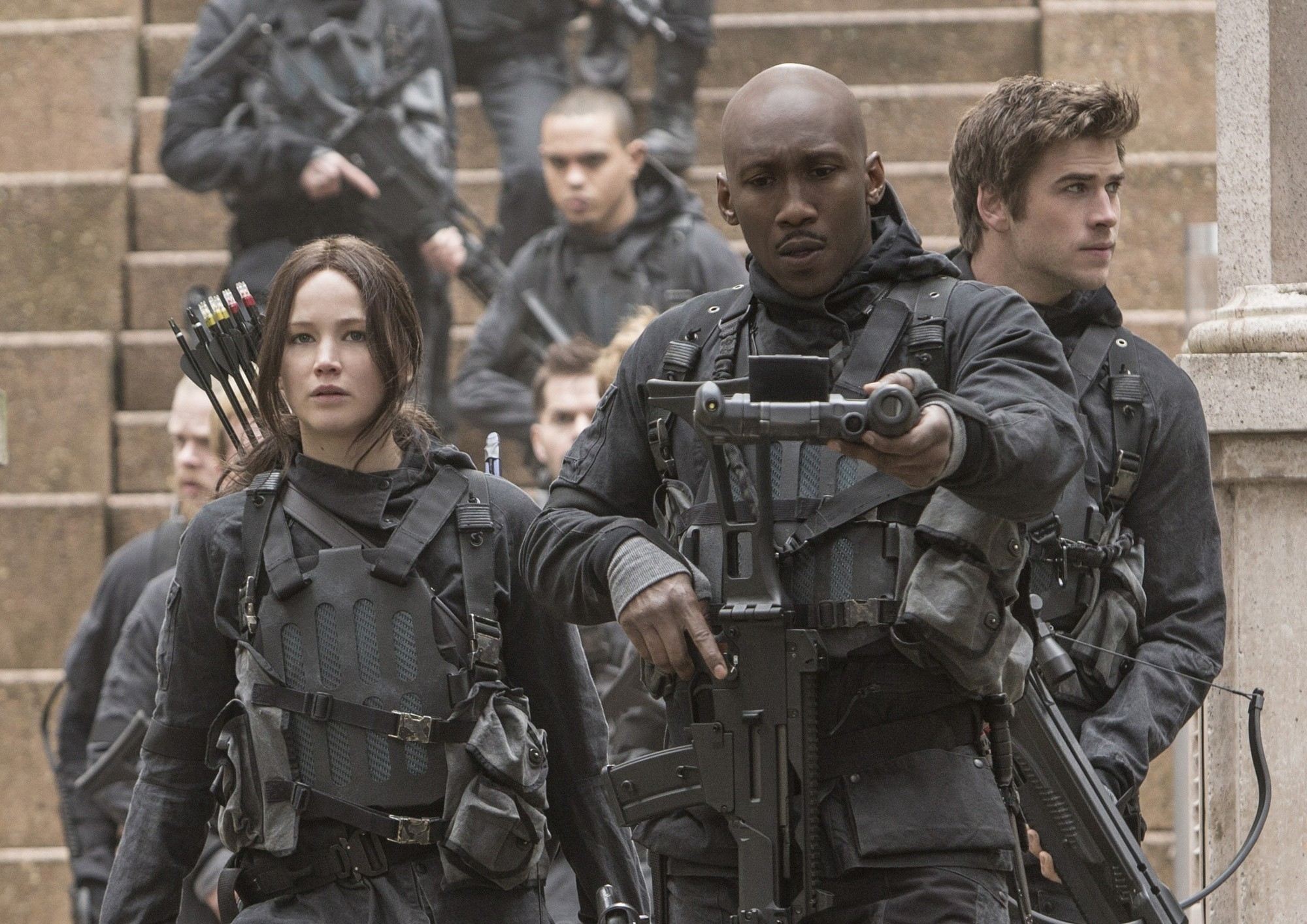 Jennifer Lawrence, Mahershalalhashbaz Ali and Liam Hemsworth in Lionsgate Films' The Hunger Games: Mockingjay, Part 2 (2015)