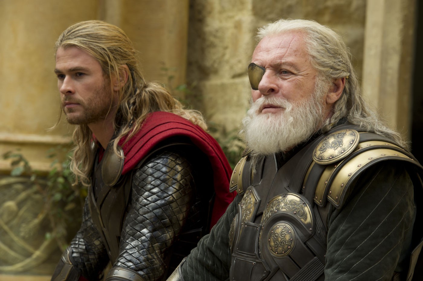 Chris Hemsworth stars as Thor and Anthony Hopkins stars as Odin in Walt Disney Pictures' Thor: The Dark World (2013)