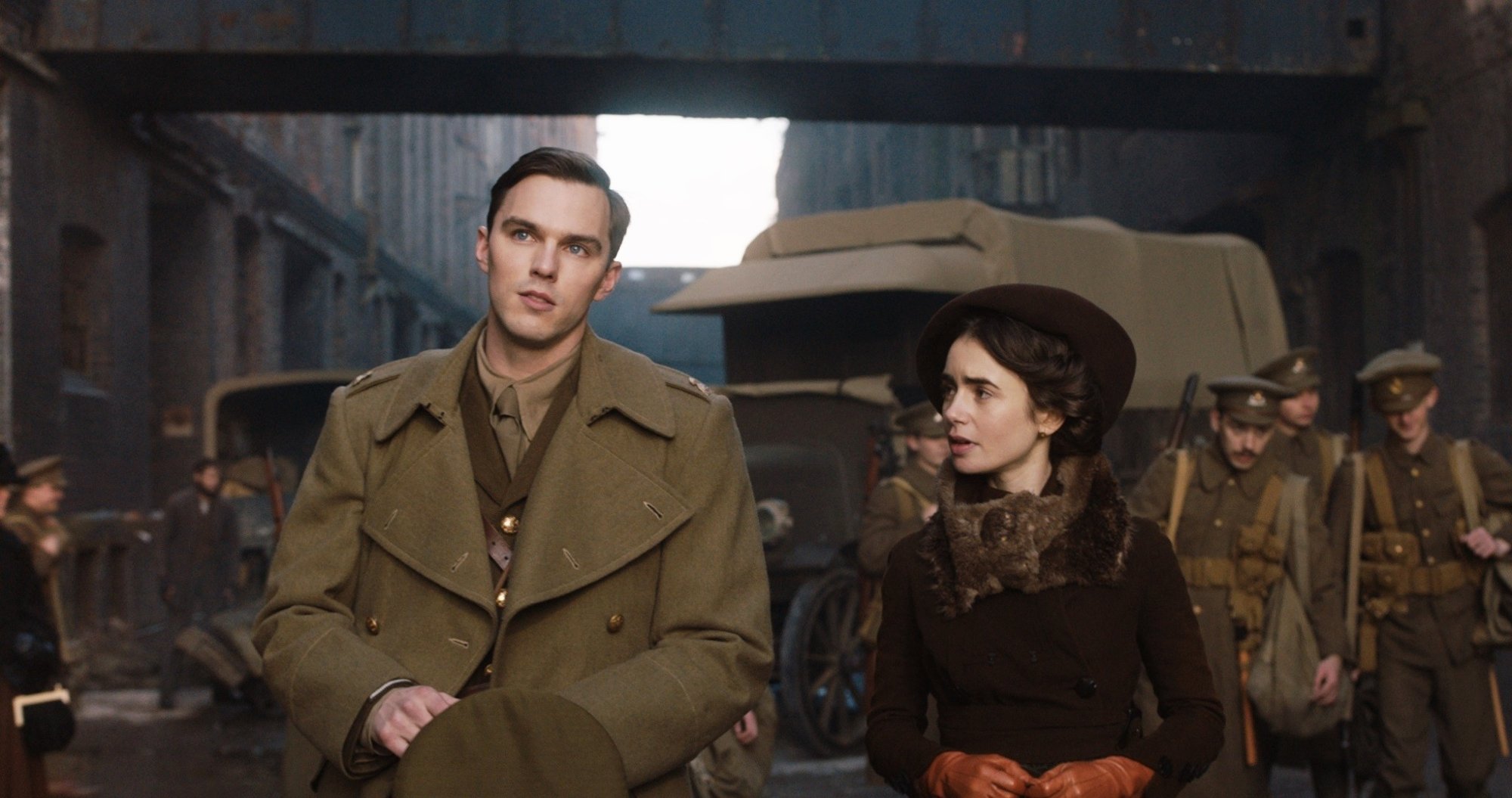 Nicholas Hoult stars as J.R.R. Tolkien and Lily Collins stars as Edith Bratt in Fox Searchlight Pictures' Tolkien (2019)